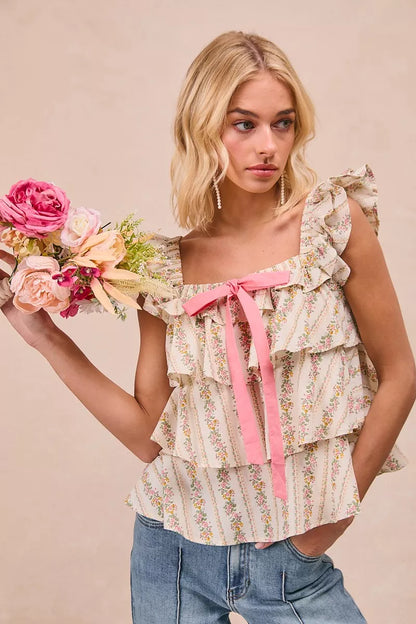 Hazel Blues® |  BiBi Floral Printed Woven Front Bow Tied Ruffled Square Neck Sleeveless Top