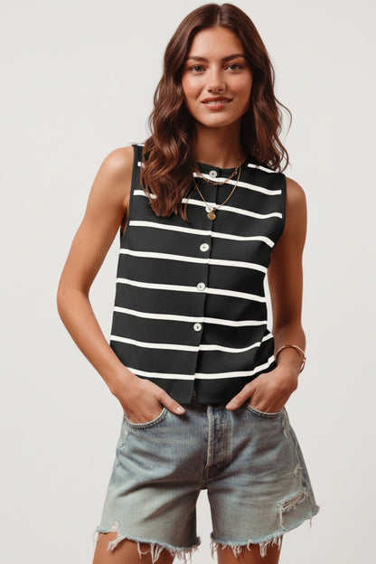 Hazel Blues® |  SO ME Button Front Stripe Fine Sweater Sleeveless Top