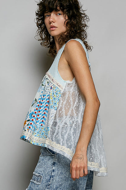 Hazel Blues® |  POL Floral V-Neck Sheer Tank with Lace Trim