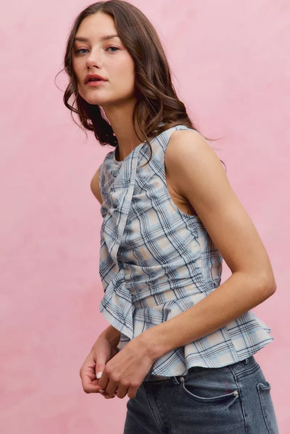 Hazel Blues® |  SO ME Plaid Sleeveless Ruffle Peplum Top