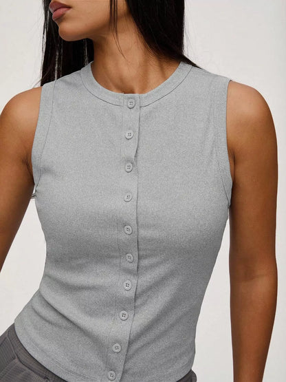 Hazel Blues® |  Ribbed Button-Front Sleeveless Tank