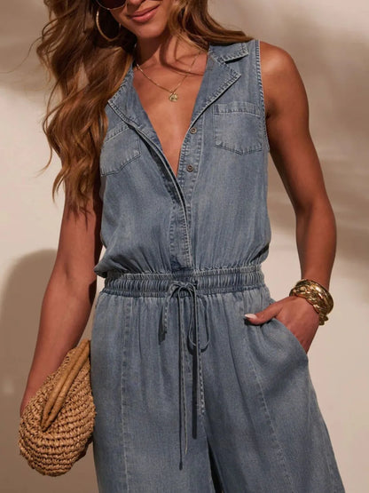 Hazel Blues® |  Sleeveless Drawstring Waist Washed Denim Jumpsuit