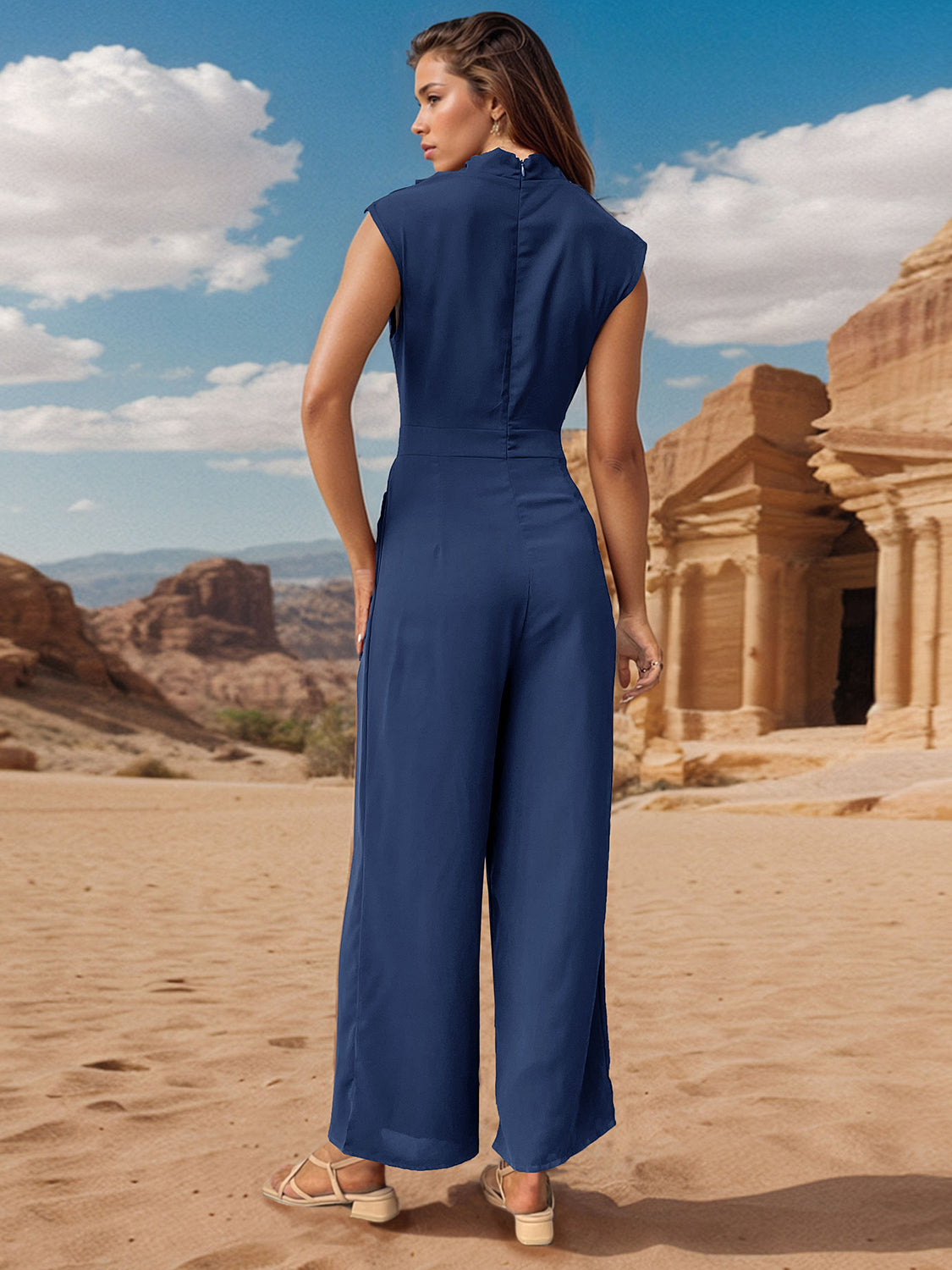 Hazel Blues® |  Ruched Mock Neck Sleeveless Jumpsuit