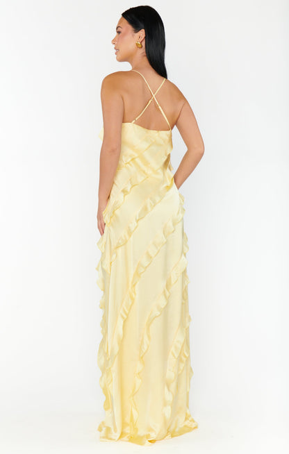 Romance Ruffle Dress ~ Pale Yellow Luxe Satin