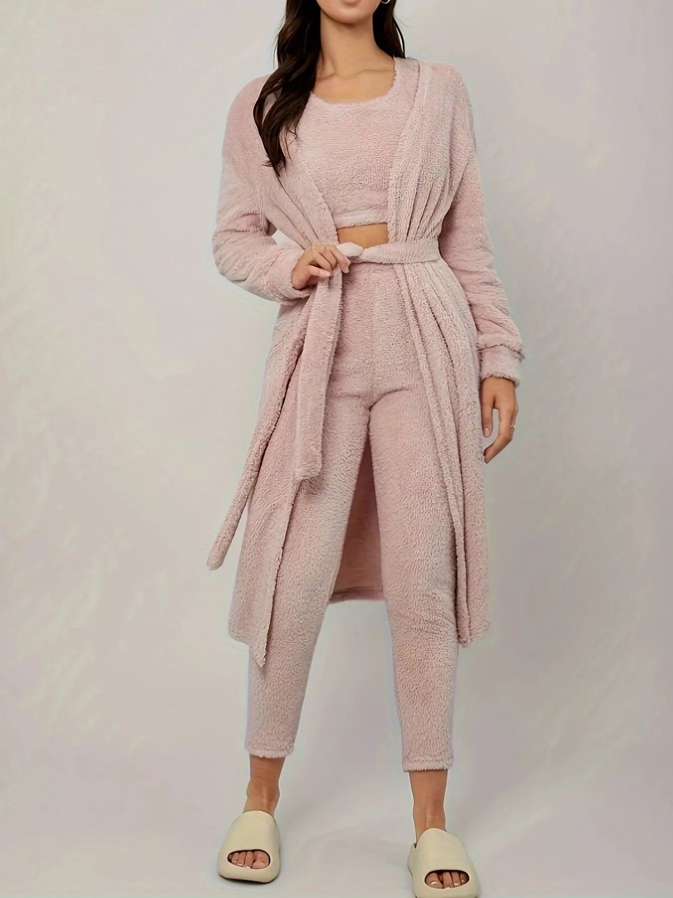 Hazel Blues® |  Fuzzy Tank Long Sleeve Cardigan and Pants 3-Piece Lounge Set