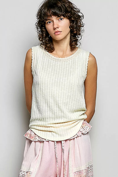 Hazel Blues® |  POL Ribbed Round Neck Tank with Lace Trim