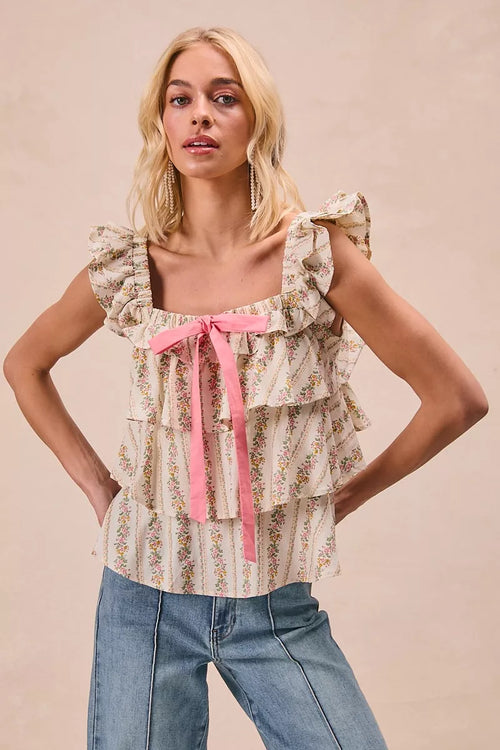Hazel Blues® |  BiBi Floral Printed Woven Front Bow Tied Ruffled Square Neck Sleeveless Top
