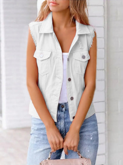 Hazel Blues® | Button Down Raw Hem Sleeveless Denim Jacket