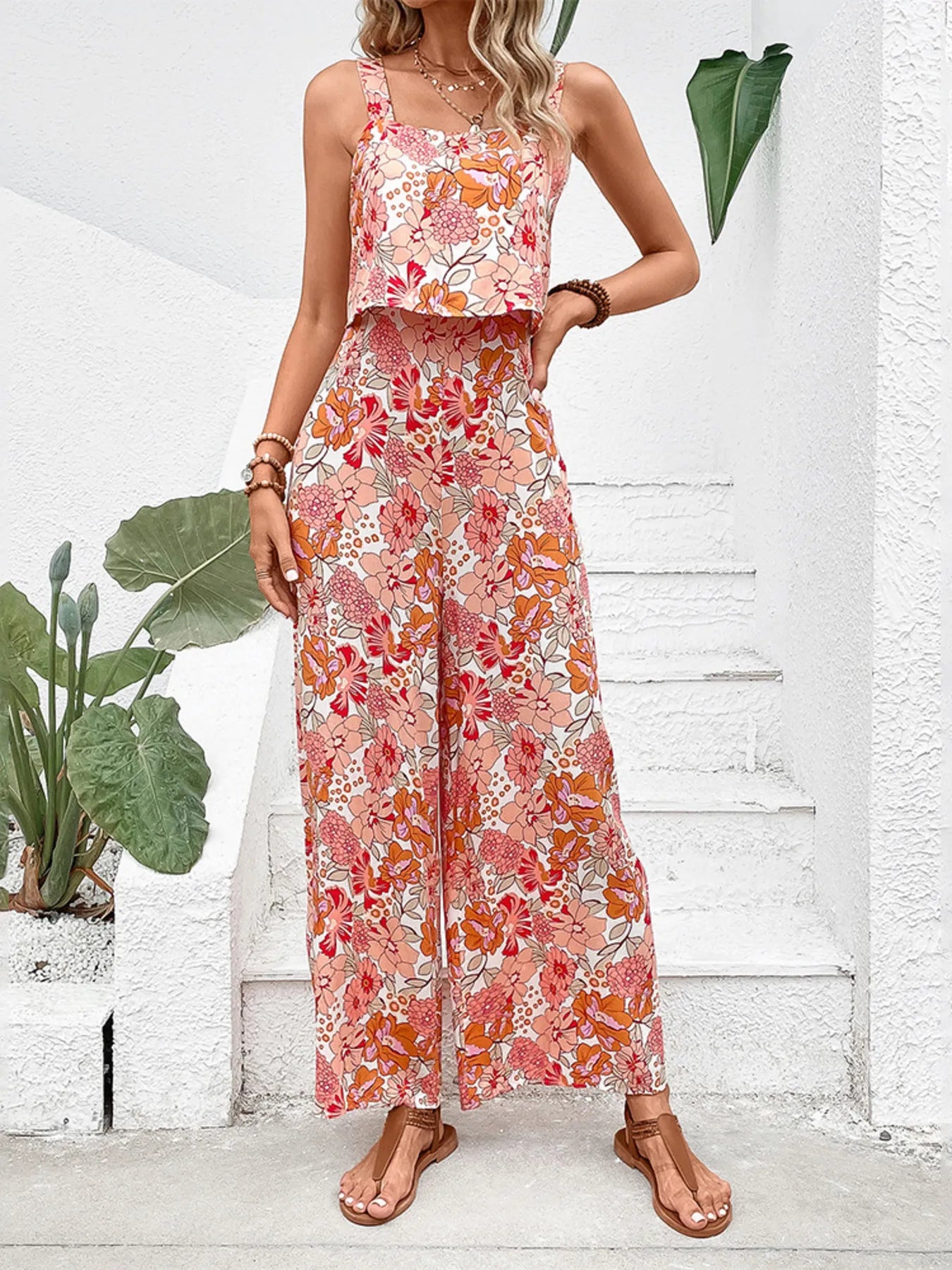 Hazel Blues® |  Floral Print Sleeveless Wide Leg Jumpsuit