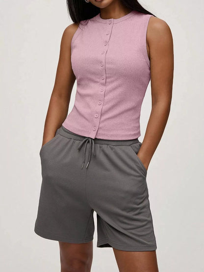 Hazel Blues® |  Ribbed Button-Front Sleeveless Tank