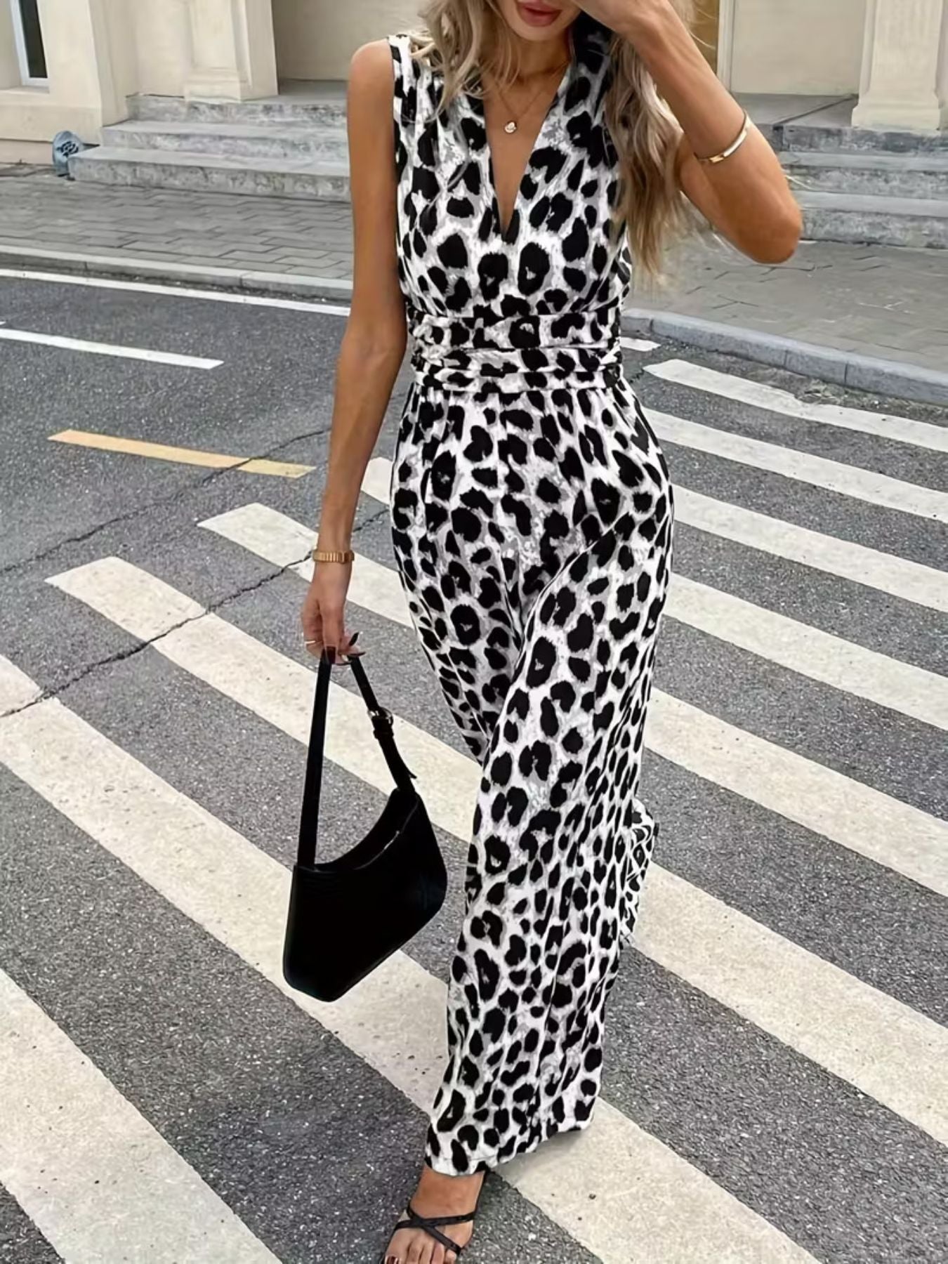Hazel Blues® |  Sleeveless V-Neck Leopard Print Wide Leg Jumpsuit