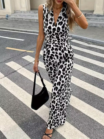 Hazel Blues® |  Sleeveless V-Neck Leopard Print Wide Leg Jumpsuit
