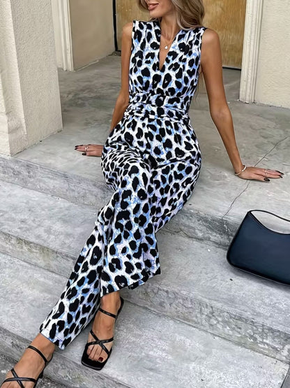 Hazel Blues® |  Sleeveless V-Neck Leopard Print Wide Leg Jumpsuit