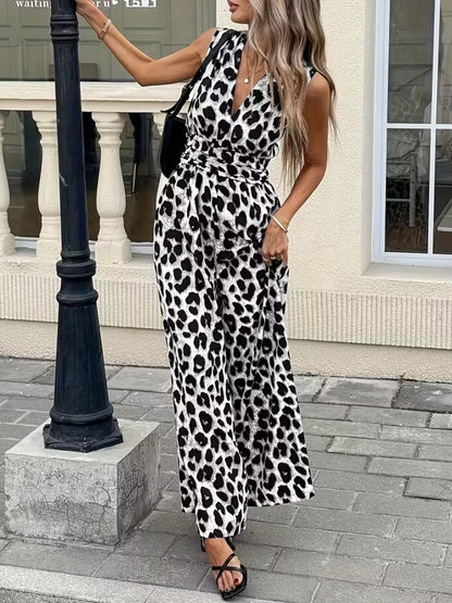 Hazel Blues® |  Sleeveless V-Neck Leopard Print Wide Leg Jumpsuit
