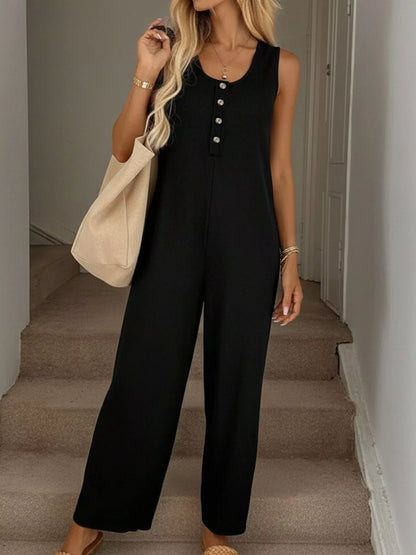 Hazel Blues® |  Sleeveless Button-Front Wide Leg Jumpsuit