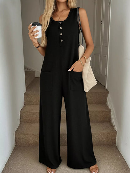 Hazel Blues® |  Sleeveless Button-Front Wide Leg Jumpsuit