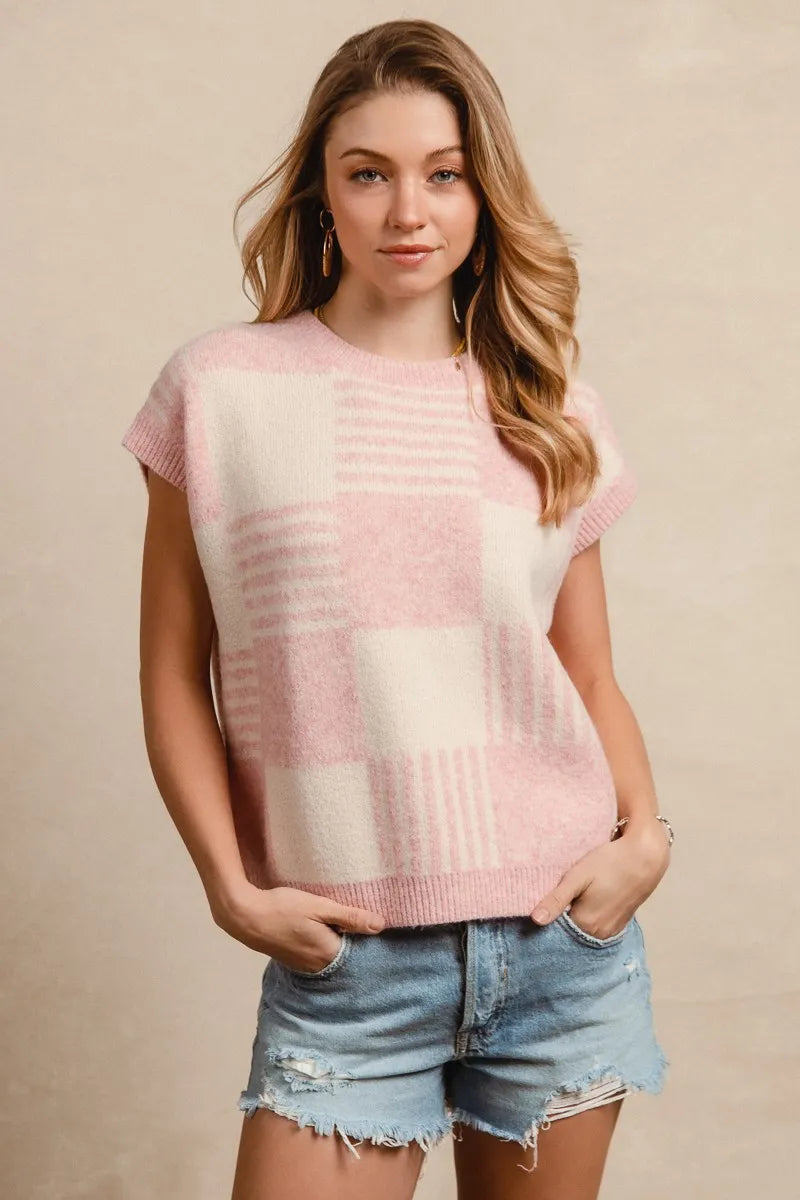Hazel Blues® |  BiBi Checker With Stripes Pattern Sleeveless Sweater