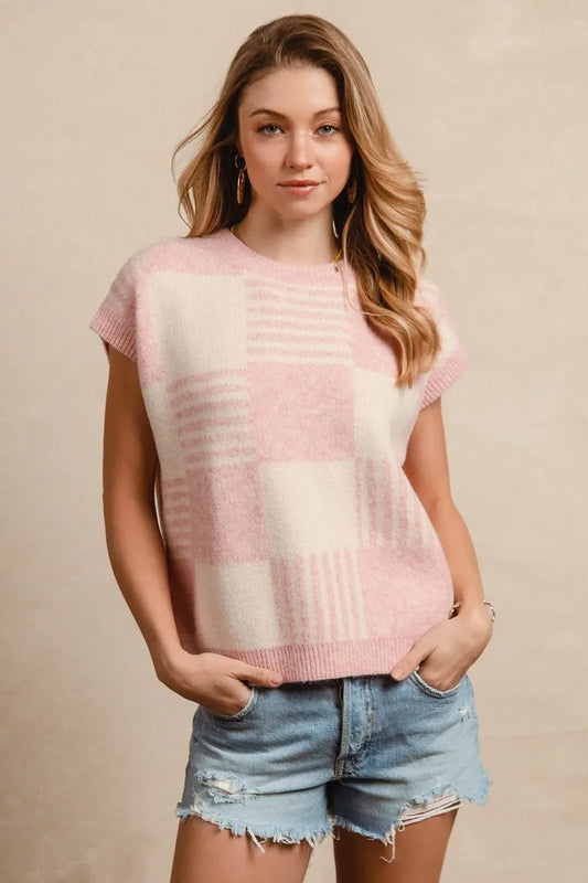 Hazel Blues® |  BiBi Checker With Stripes Pattern Sleeveless Sweater