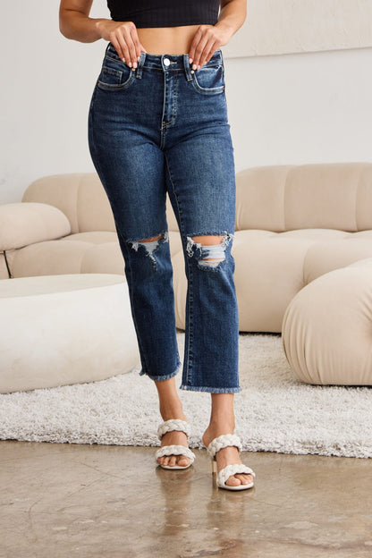 Hazel Blues® |  RFM Crop Dylan Tummy Control Distressed High Waist Raw Hem Jeans