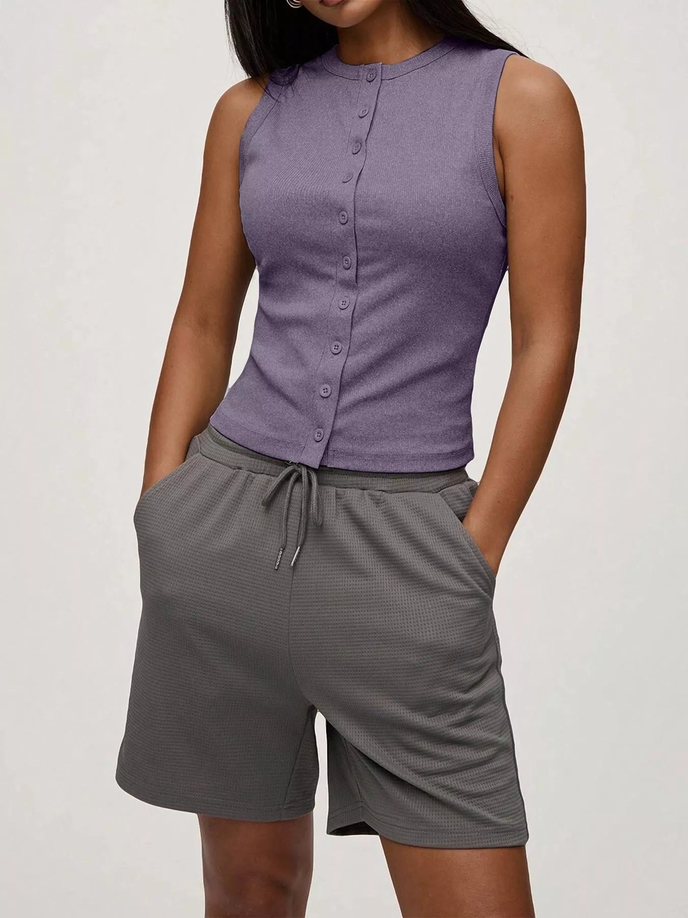 Hazel Blues® |  Ribbed Button-Front Sleeveless Tank