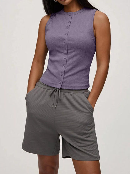 Hazel Blues® |  Ribbed Button-Front Sleeveless Tank