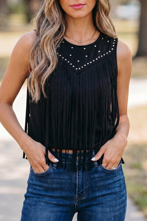 Hazel Blues® |  Black Western Fringe Rivet Paneling Bust Sleeveless Top