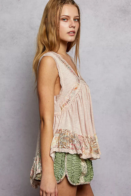 Hazel Blues® |  POL Lace Detail Ruffled Ribbed Sleeveless Top with Floral Pattern Trim Detail