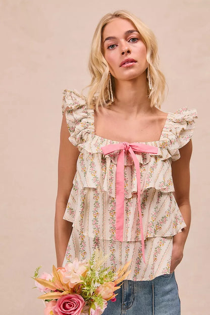 Hazel Blues® |  BiBi Floral Printed Woven Front Bow Tied Ruffled Square Neck Sleeveless Top