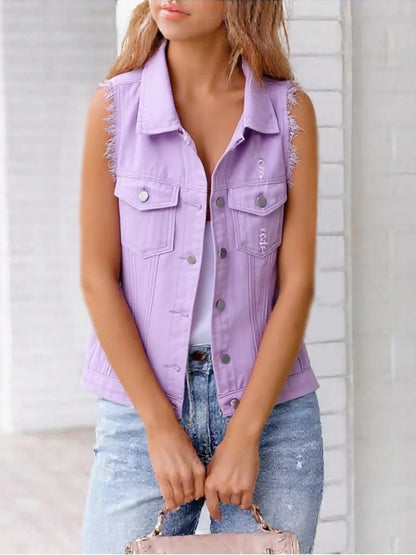 Hazel Blues® | Button Down Raw Hem Sleeveless Denim Jacket