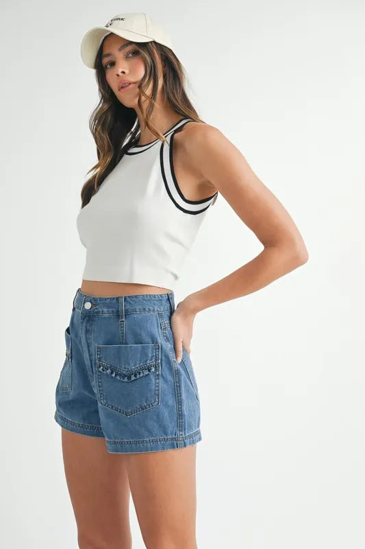 Hazel Blues® |  MABLE Contrast Trim Grecian Neck Cropped Tank