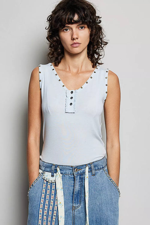 Hazel Blues® |  POL Studded Trim Button-Front Ruffle Detail Tank