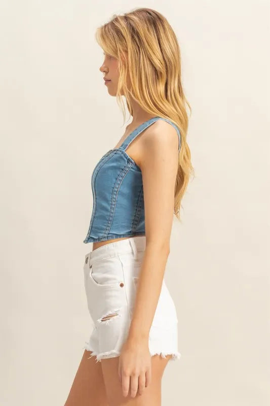 Hazel Blues® |  HYFVE Washed Sweetheart Neck Wide Strap Denim Tank