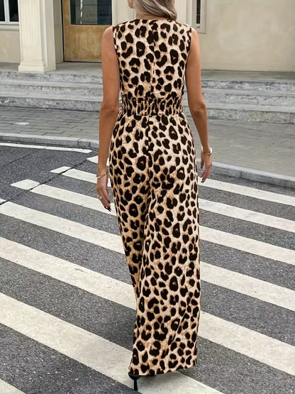 Hazel Blues® |  Sleeveless V-Neck Leopard Print Wide Leg Jumpsuit