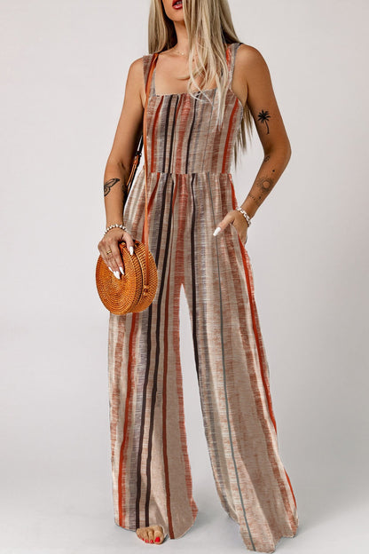 Hazel Blues® |  Stripe Square Neck Sleeveless Smocked Bodice Wide Leg Jumpsuit