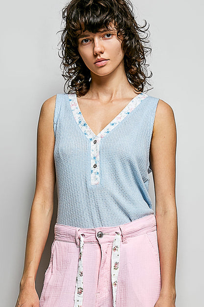 Hazel Blues® |  POL Ribbed V-Neck Tank with Contrast Floral Neckband