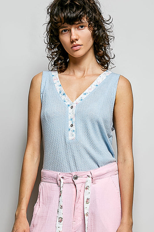 Hazel Blues® |  POL Ribbed V-Neck Tank with Contrast Floral Neckband