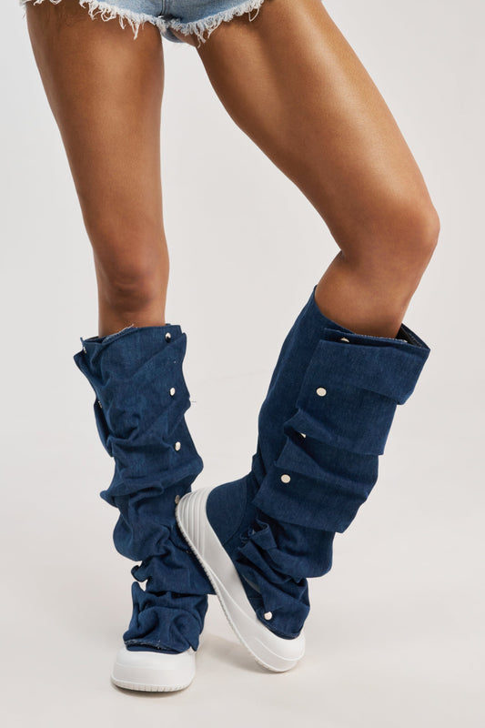 AKIRA GOLD ALIXY DENIM FLAT RUFFLE BOOT