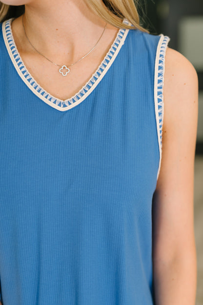 Hazel Blues® |  Airloom Trim Detail Mini Tank Dress in Ocean Blue