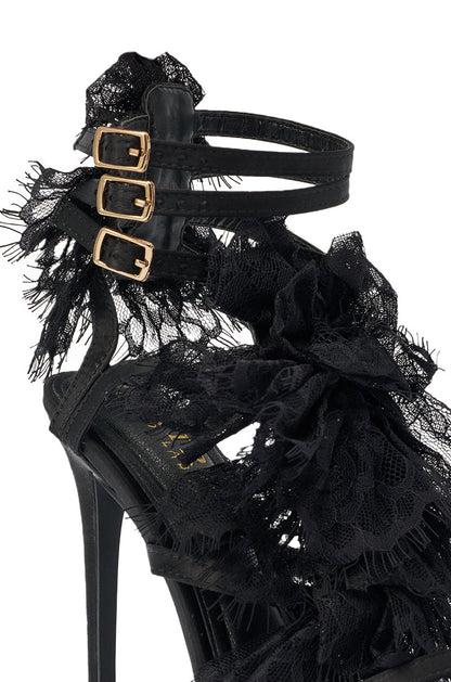 AKIRA GOLD BARRISTER BLACK LACE DETAIL STILETTO SANDAL