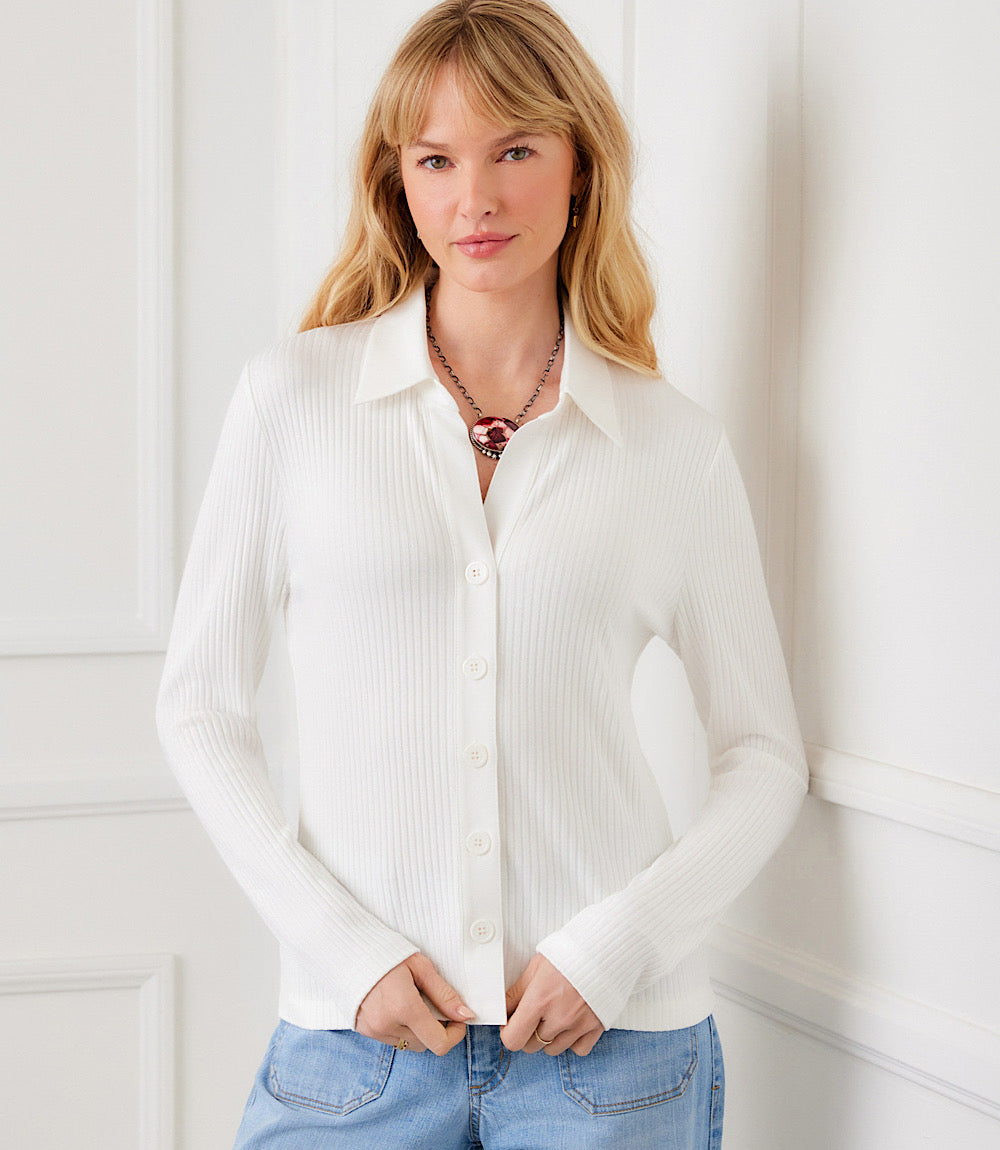 Ribbed Long Sleeve Button Front Top