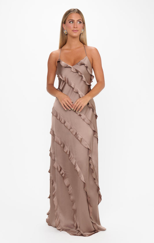 Romance Ruffle Dress ~ Dune Luxe Satin