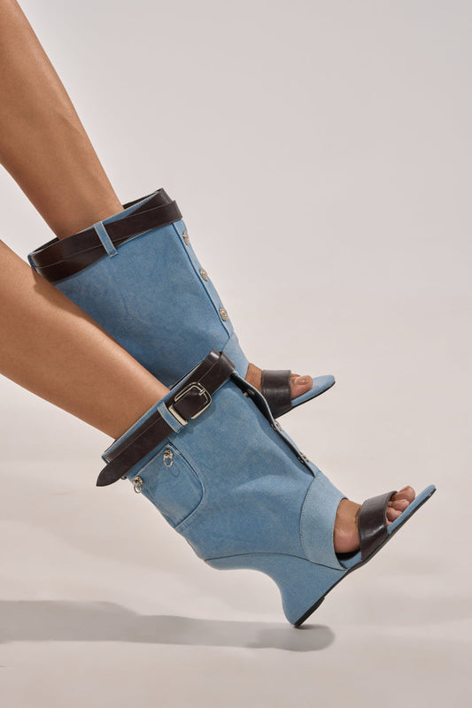 AKIRA GOLD BLEILIC DENIM WEDGE OPEN TOE BOOTIE