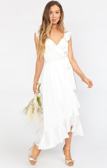 Samantha Ruffle Wrap Dress ~ Ivory Luxe Satin