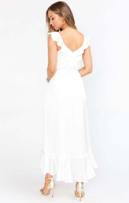 Samantha Ruffle Wrap Dress ~ Ivory Luxe Satin