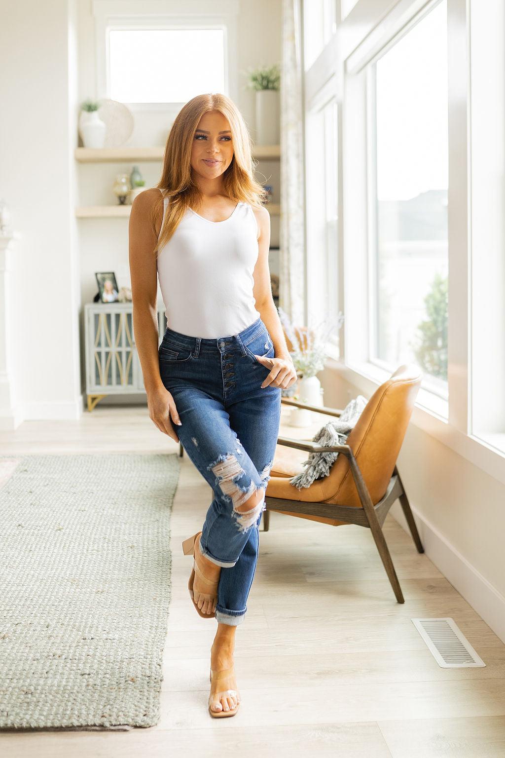 Hazel Blues® |  Colt High Rise Button Fly Distressed Boyfriend Jeans