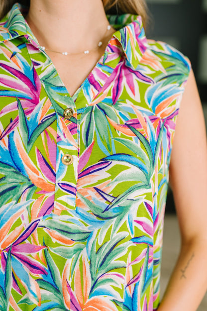 Hazel Blues® |  Coral Sands Collared Tank Dress in Spring Palms