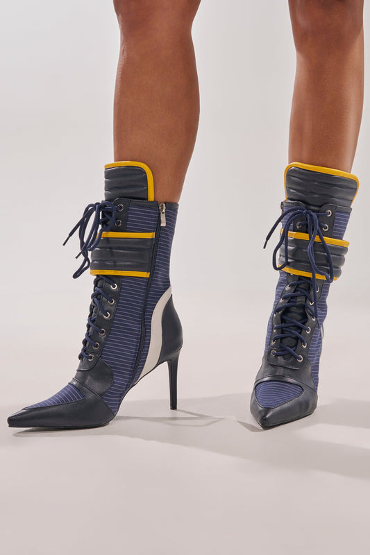 AKIRA GOLD DEMAND NAVY STILETTO BOOTIE