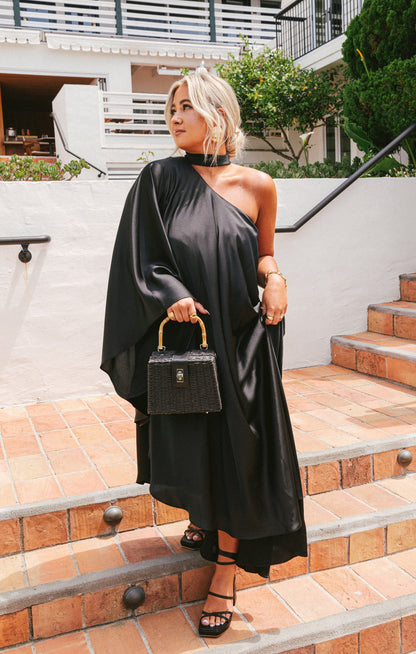 Rhea One Shoulder Dress ~ Black Luxe Satin