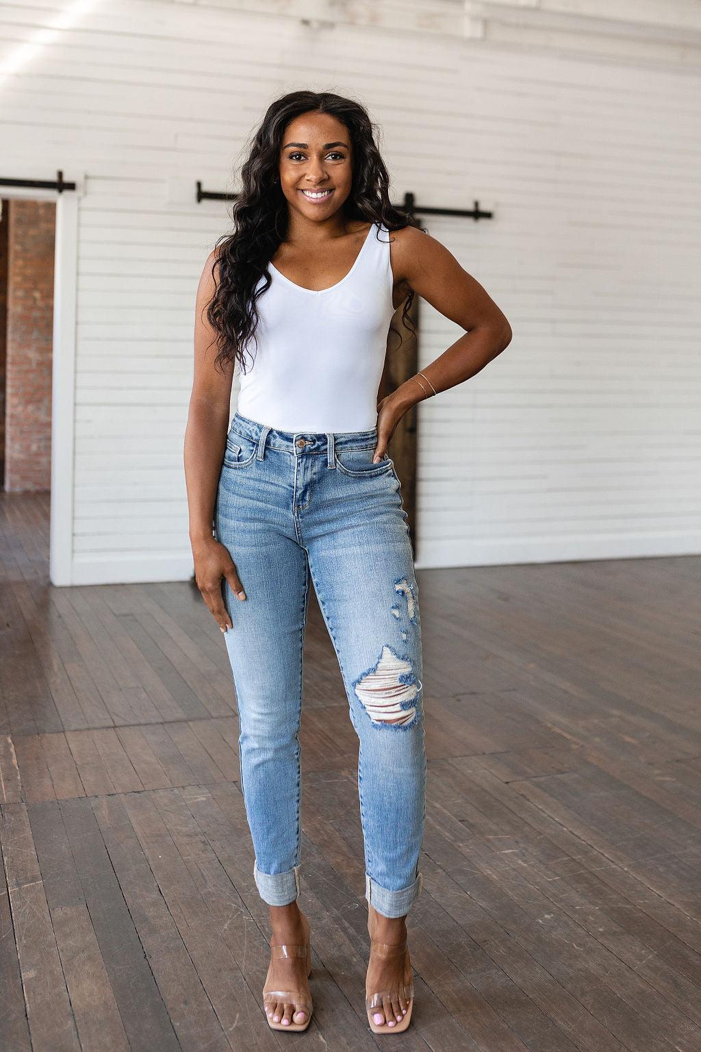 Hazel Blues® |  Elodie Mid Rise Distressed Boyfriend Jeans