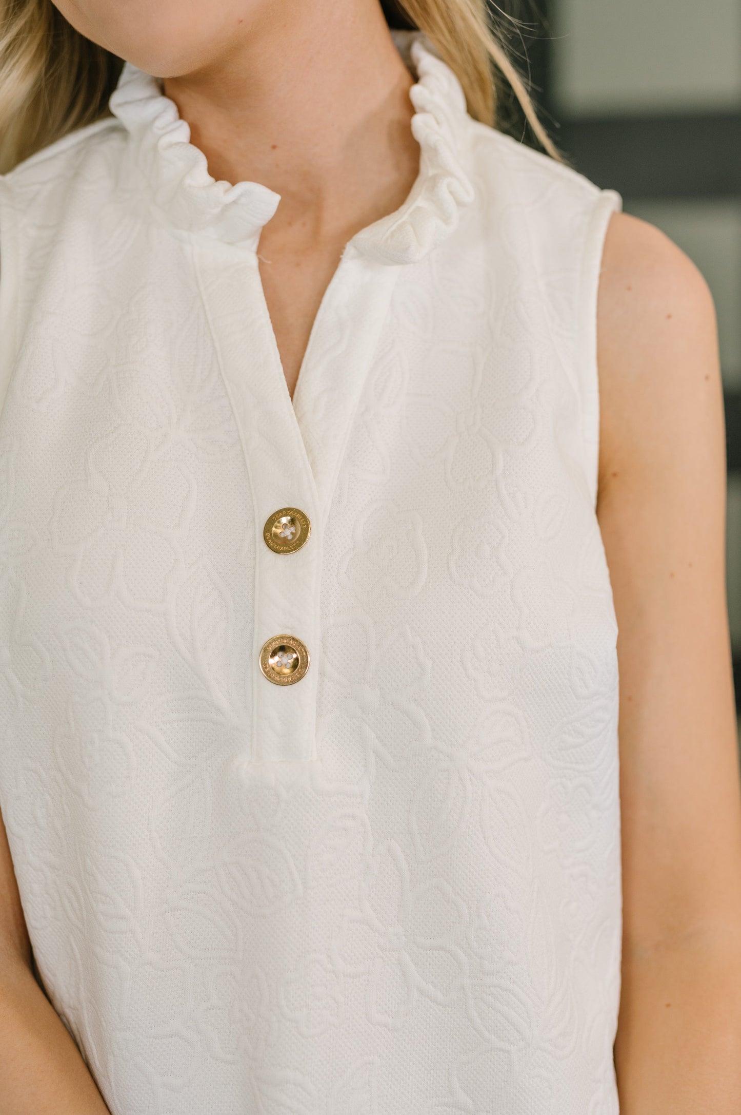 Hazel Blues® |  High Tide High Neck Embossed Sleeveless Dress in Off White